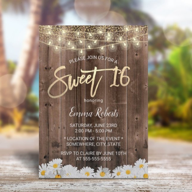 Convites Sweet 16 Rustic Daisy Flowers Barn Wood (Criador carregado)