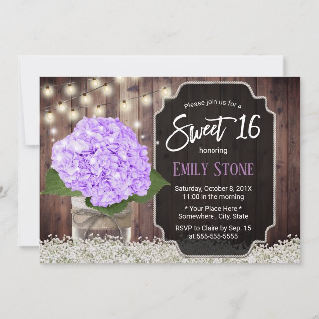 Convites Sweet 16 Rustic Purple Hydrangea Flower Mason Jar (Frente)