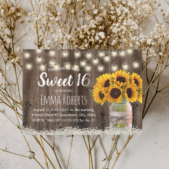 Convites Sweet 16 Rustic Sunflower Jar Barn Wood (Criador carregado)