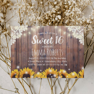 Convites Sweet 16 Rustic Sunflower & String Lights