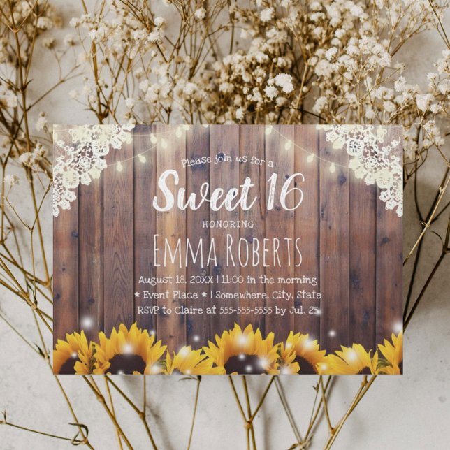 Convites Sweet 16 Rustic Sunflower & String Lights (Criador carregado)