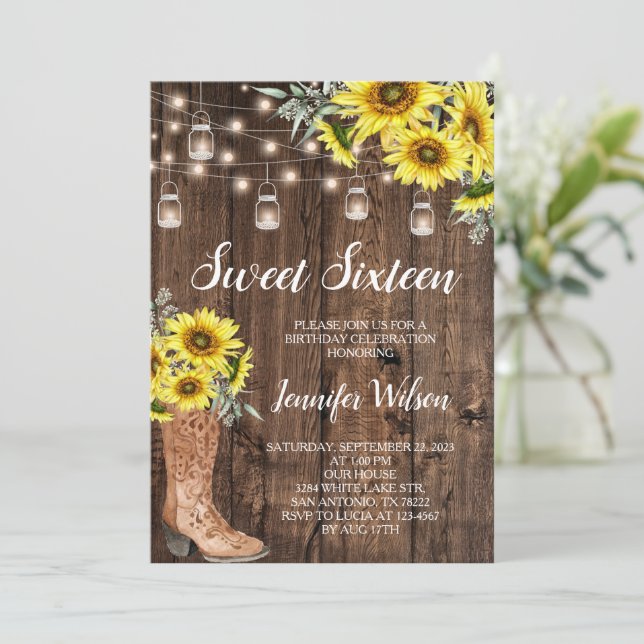 Convites Sweet 16 Rustic Sunflower String Lights (Em pé/Frente)