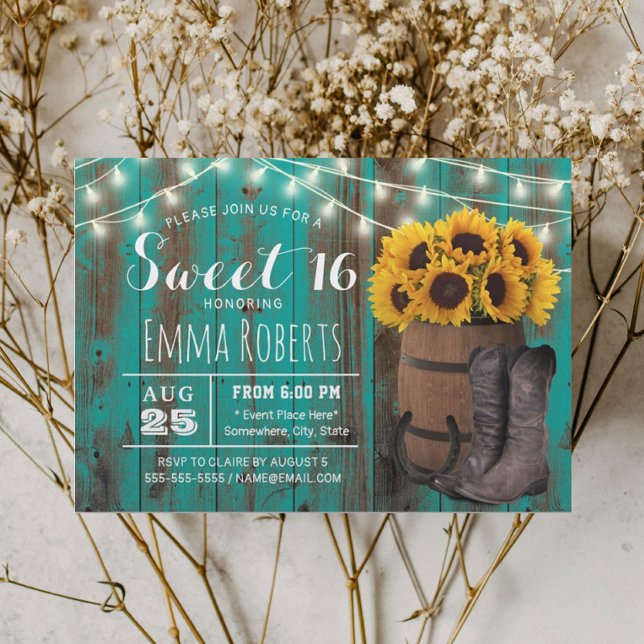 Convites Sweet 16 Rustic Sunflower Teal Western Cowgirl (Criador carregado)