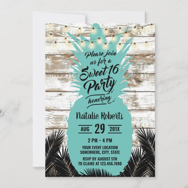 Convites Sweet 16 Rustic Tropical Beach Teal Pineapple (Frente)