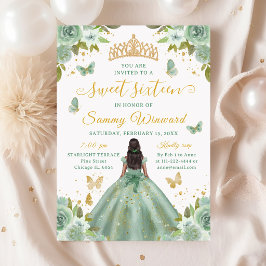 Convites Sweet 16 Sage Green Princess African American Girl