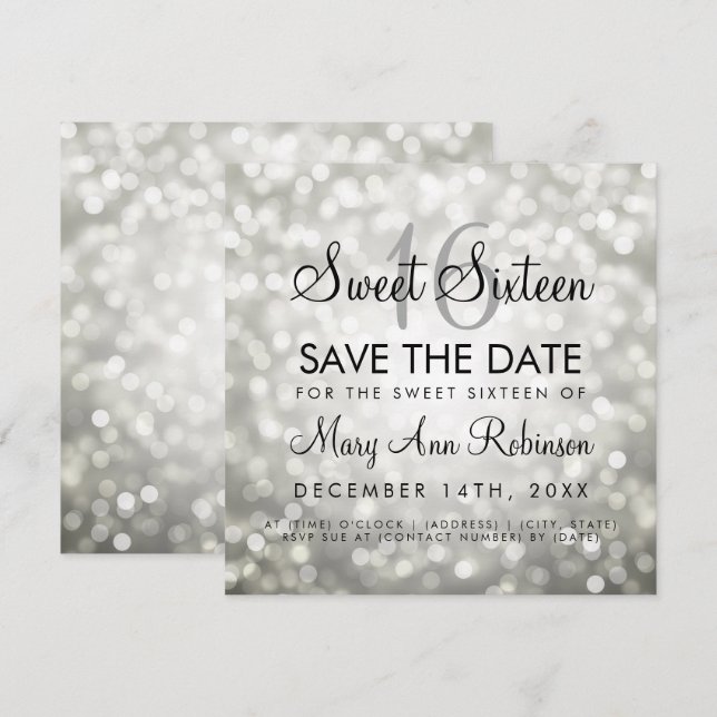 Convites Sweet 16 Save The Date Prata Glitter Lights (Frente/Verso)