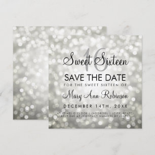 Convites Sweet 16 Save The Date Prata Glitter Lights