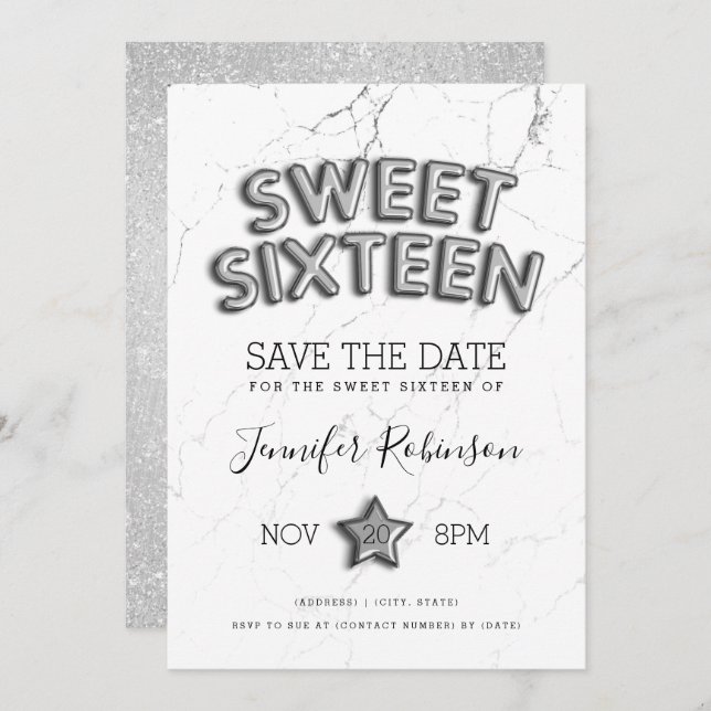 Convites Sweet 16 Save The Date Silver Balloons Glitter (Frente/Verso)