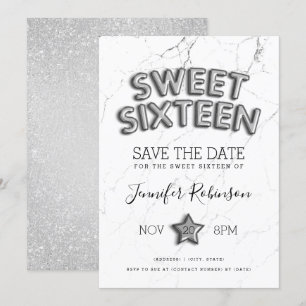 Convites Sweet 16 Save The Date Silver Balloons Glitter