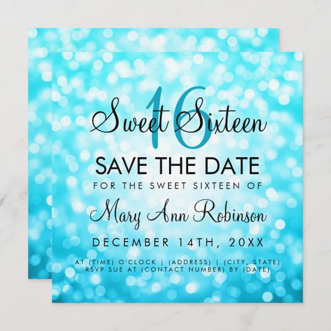 Convites Sweet 16 Save The Date Turquoise Glitter Lights (Frente/Verso)