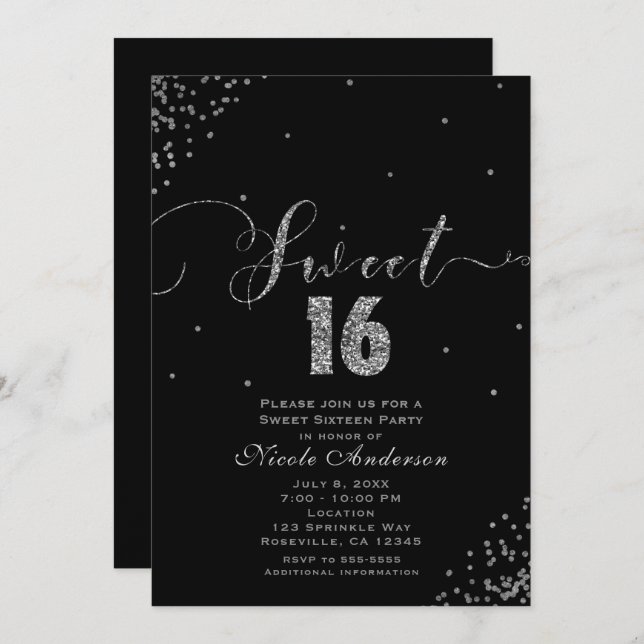 Convites SWEET 16 Sessenta Canto de Confetti Preto e Pratea (Frente/Verso)