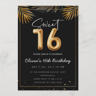 Convites Sweet 16 Sixteenth With Golden Tropical Leaves