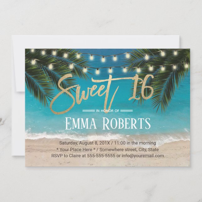 Convites Sweet 16 String Lights Tropical Beach (Frente)