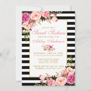Convites Sweet 16 Striped Floral Pink Dourado