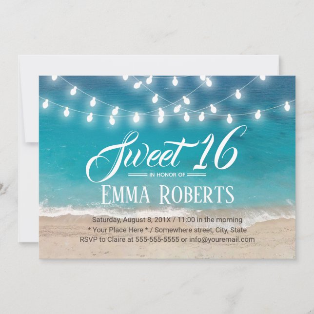 Convites Sweet 16 Summer Beach e String Lights (Frente)