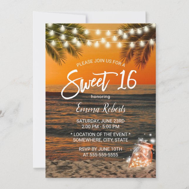 Convites Sweet 16 Summer Sunset Beach Glow Jar (Frente)