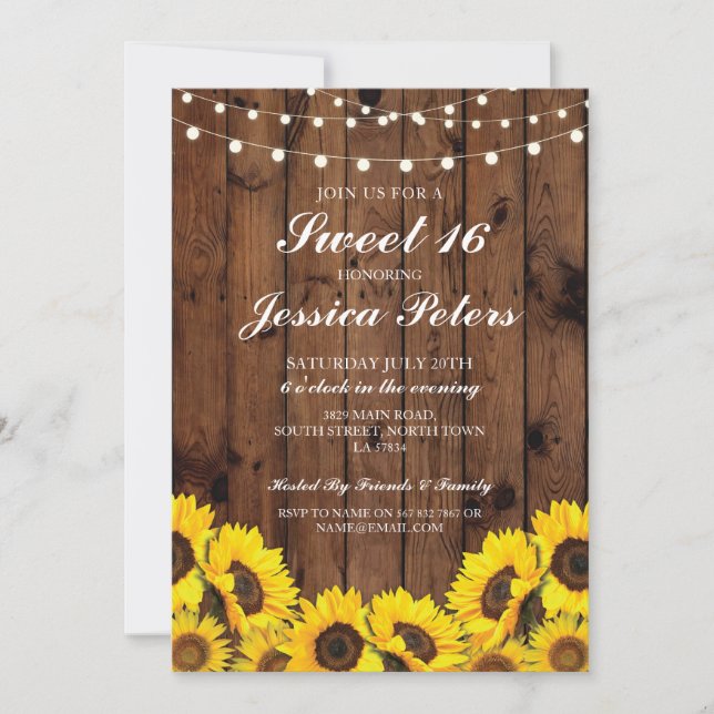 Convites Sweet 16 Sunflower Wood Lights Rustic Invitation (Frente)