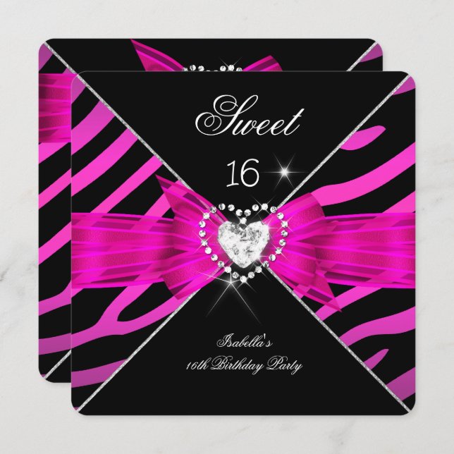 Convites Sweet 16 Sweet Sessenta Zebra Negra Quente Rosa 2 (Frente/Verso)