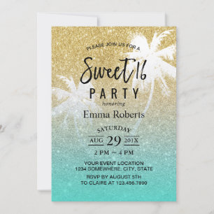 Convites Sweet 16 Tropical Beach Palm Tree Modern Dourado