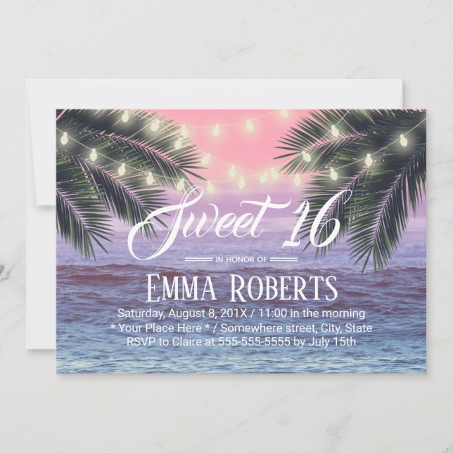 Convites Sweet 16 Tropical Palm Tree Beach String Lights (Frente)