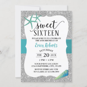 Convites Sweet 16 Turquoise Beach Starfish Modern Silver