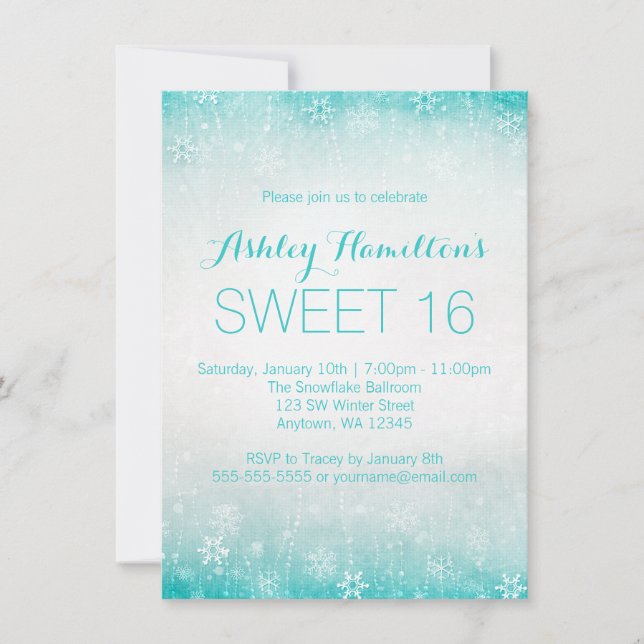 Convites Sweet 16 Vintage Teal Winter Wonderland (Frente)