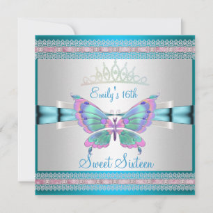 Convites Sweet 16 White Teal Blue Borboleta Rosa