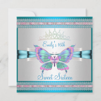 Convites Sweet 16 White Teal Blue Borboleta Rosa