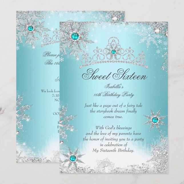 Convites Sweet 16 Winter Wonderland Silver Blue (Frente/Verso)
