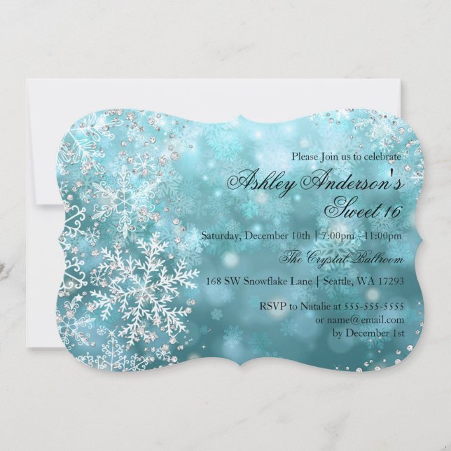 Convites Sweet 16 Winter Wonderland Sparkle Snowflakes (Frente)