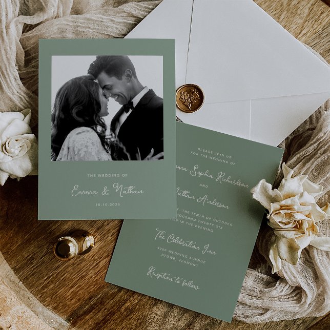 Convites Sweet and Whimsical Sage Green | Casamento Fotográ (An elegant sage green wedding invitation with your photo)