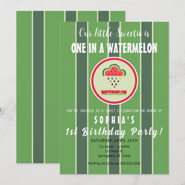 Convites Sweet as a Watermelon - First Birthday Invitation (Frente/Verso)