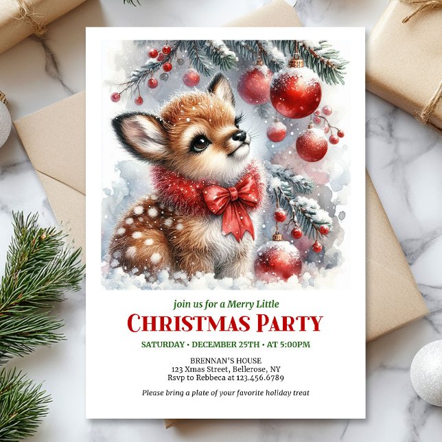 Convites Sweet baby deer watercolor Christmas invite digita (Sweet baby deer watercolor Christmas invite editable template)