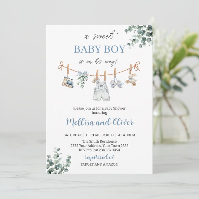 Convites Sweet Boho Neutral Clothesline Boy Baby Shower (Em pé/Frente)