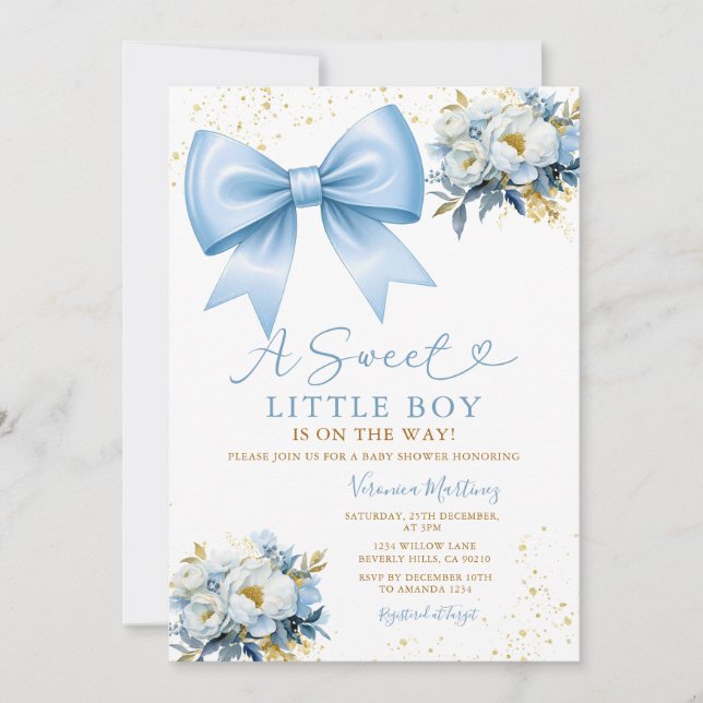 Convites Sweet Boy Blue Bow Coquette Baby Shower Floral (Frente)