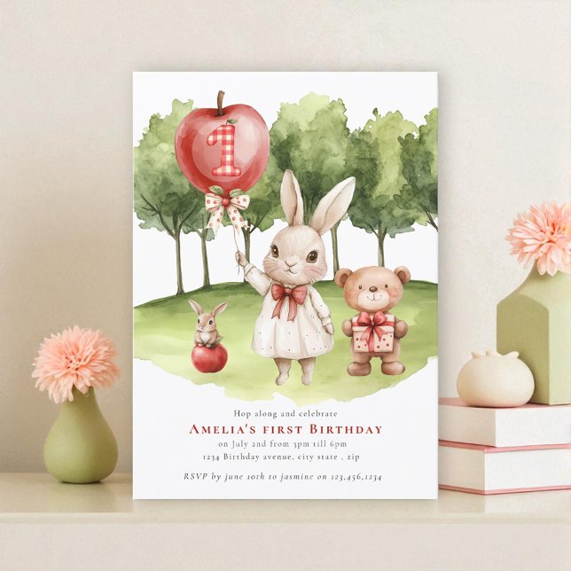 Convites Sweet Bunny Apple First Birthday Invitation (Criador carregado)