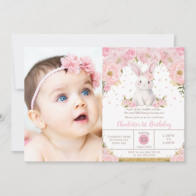 Convites Sweet Bunny Rabbit Pink 1st 2nd 3rd Birthday Photo (Frente)