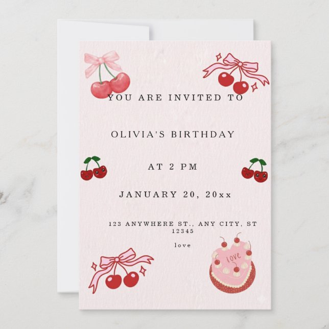 Convites Sweet Cherry Birthday Invitation | Cute Pink Girl  (Frente)