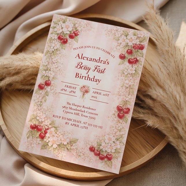 Convites Sweet Cherry Floral First Birthday 1st Birthday (Criador carregado)
