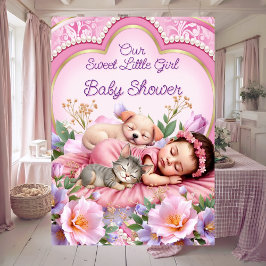 Convites Sweet Cute Pink Girl Baby Shower Puppy Kitten
