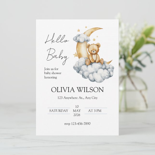 Convites Sweet Dreams Teddy Bear on the Moon (Em pé/Frente)