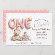 Sweet First Birthday Invitation with Teddy Bear 