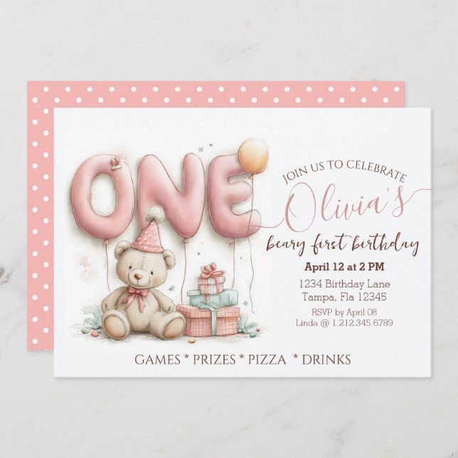 Convites Sweet First Birthday Invitation with Teddy Bear  (Frente/Verso)