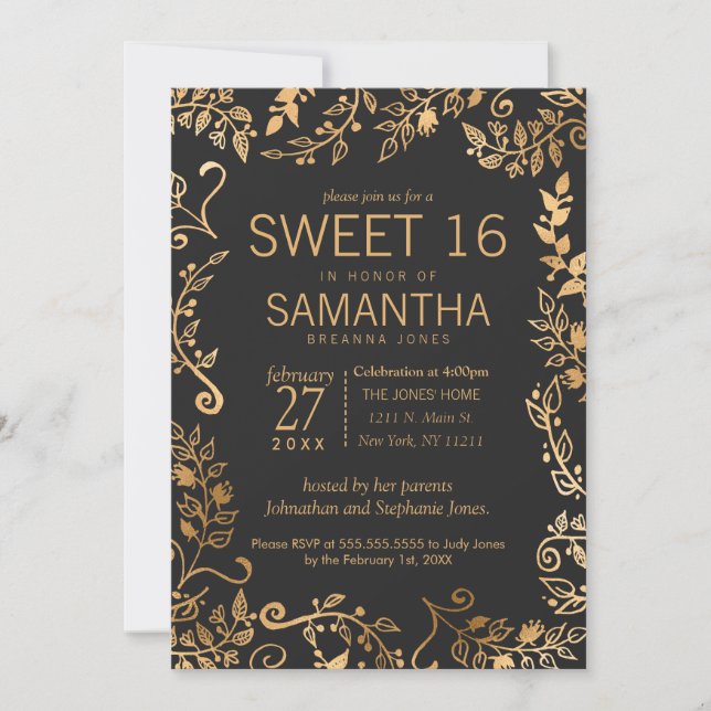 Convites Sweet Floral Dourado Elegante 16 (Frente)