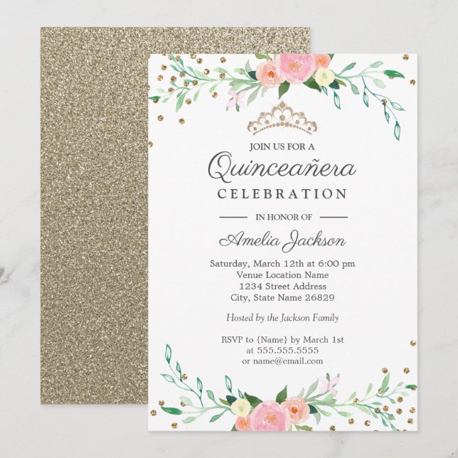 Convites Sweet Floral Sparkle Confetti Quinceanera (Frente/Verso)