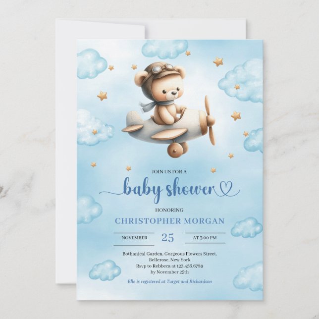 Convites Sweet gold airplane bear theme boy baby shower  (Frente)