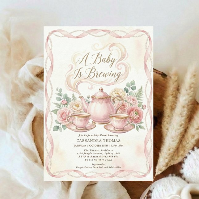 Convites Sweet Is Brewing Blush Floral Baby Shower Tea (Criador carregado)