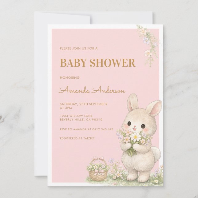 Convites Sweet Little Bunny Floral Baby Shower (Frente)