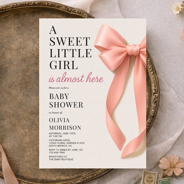 Convites Sweet Little Girl is Almost Here Bow Baby Shower (Criador carregado)