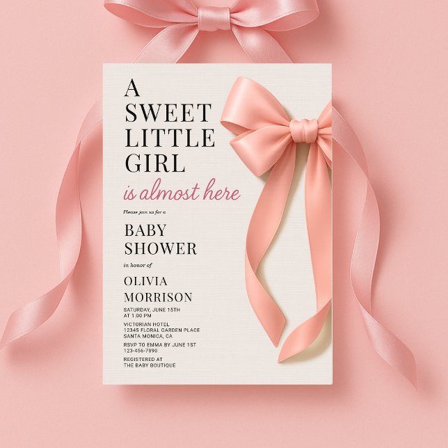 Convites Sweet Little Girl is Almost Here Bow Baby Shower (Criador carregado)